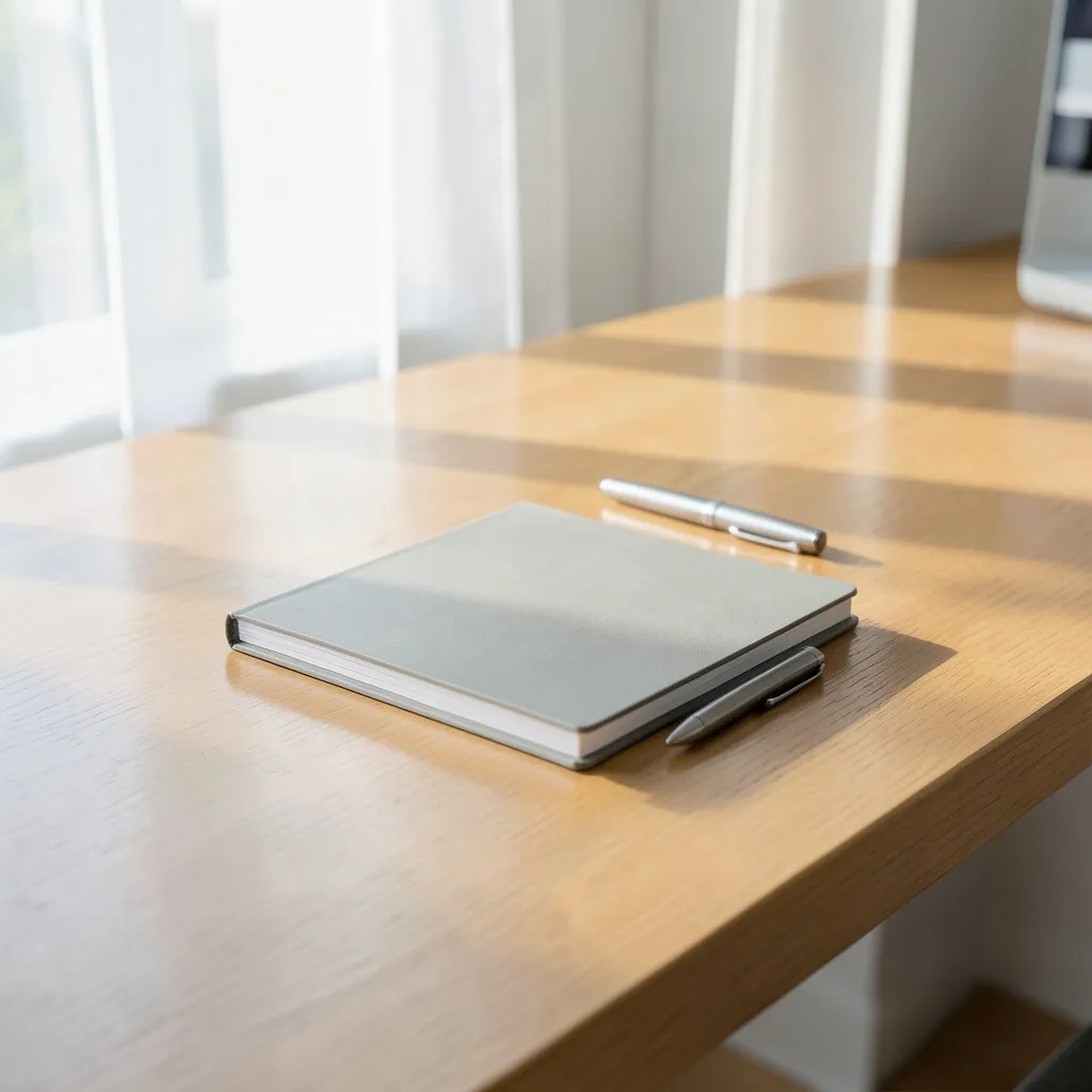 आज की ऊर्जा और हमारा कर्म: उत्तरा फाल्गुनी का महत्व Clean wooden desk with a single organized notebook and a pen — आज की ऊर्जा और हमारा कर्म