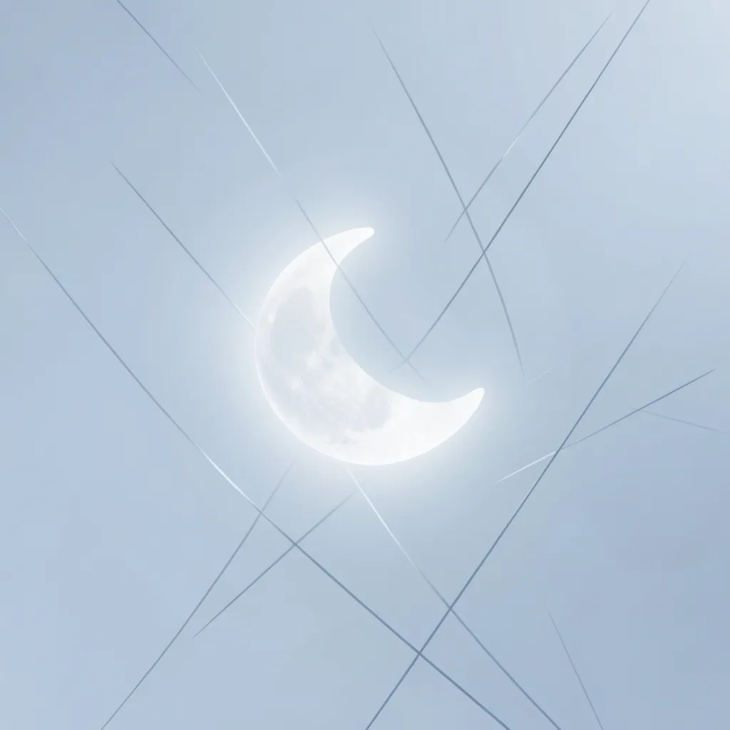 Navigating the Aquarius Moon Emotional Distance Glowing crescent moon suspended in a cool pale blue sky with abstract geometric lines — Feeling the Aquarius Moon distance?