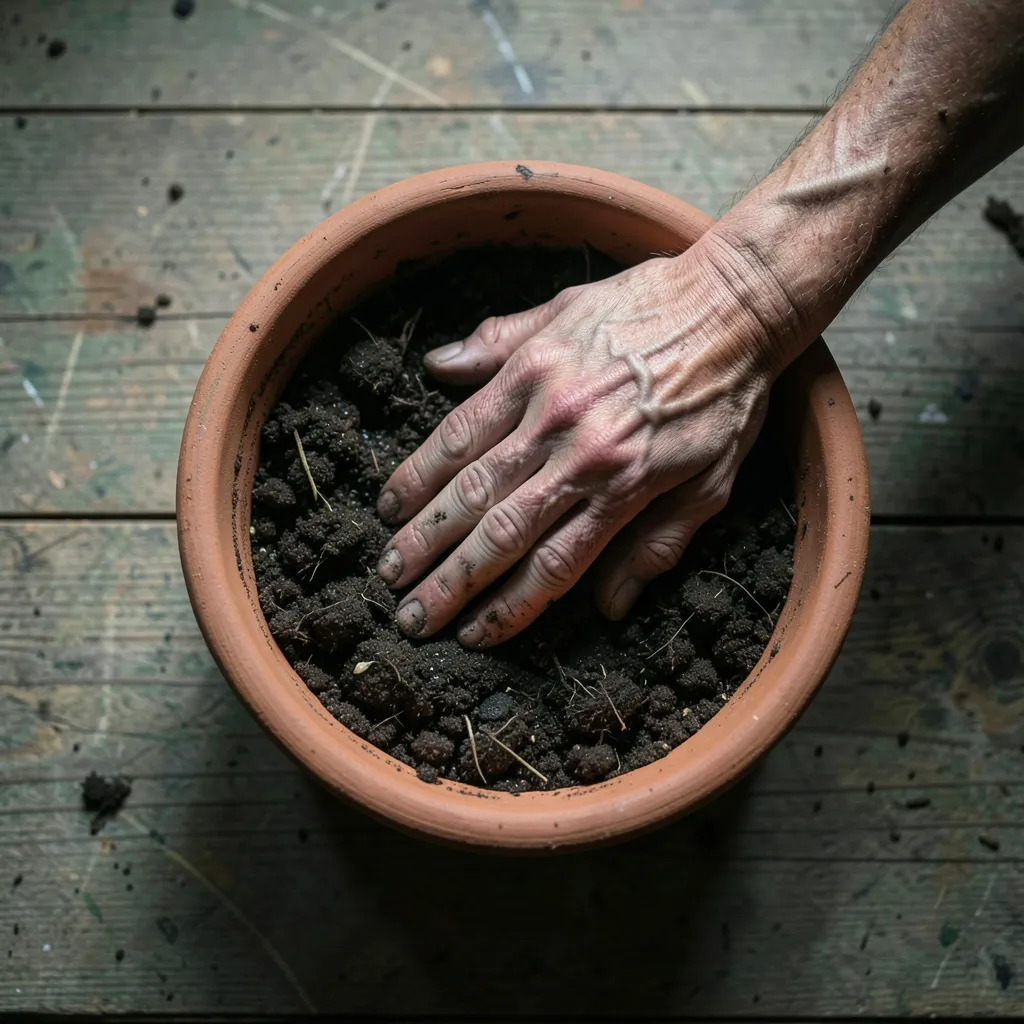 When the mind feels like a desert: Ashlesha Nakshatra remedy Cinematic flat lay of a distressed person's hand touching damp soil in a clay pot — When the mind feels like a desert