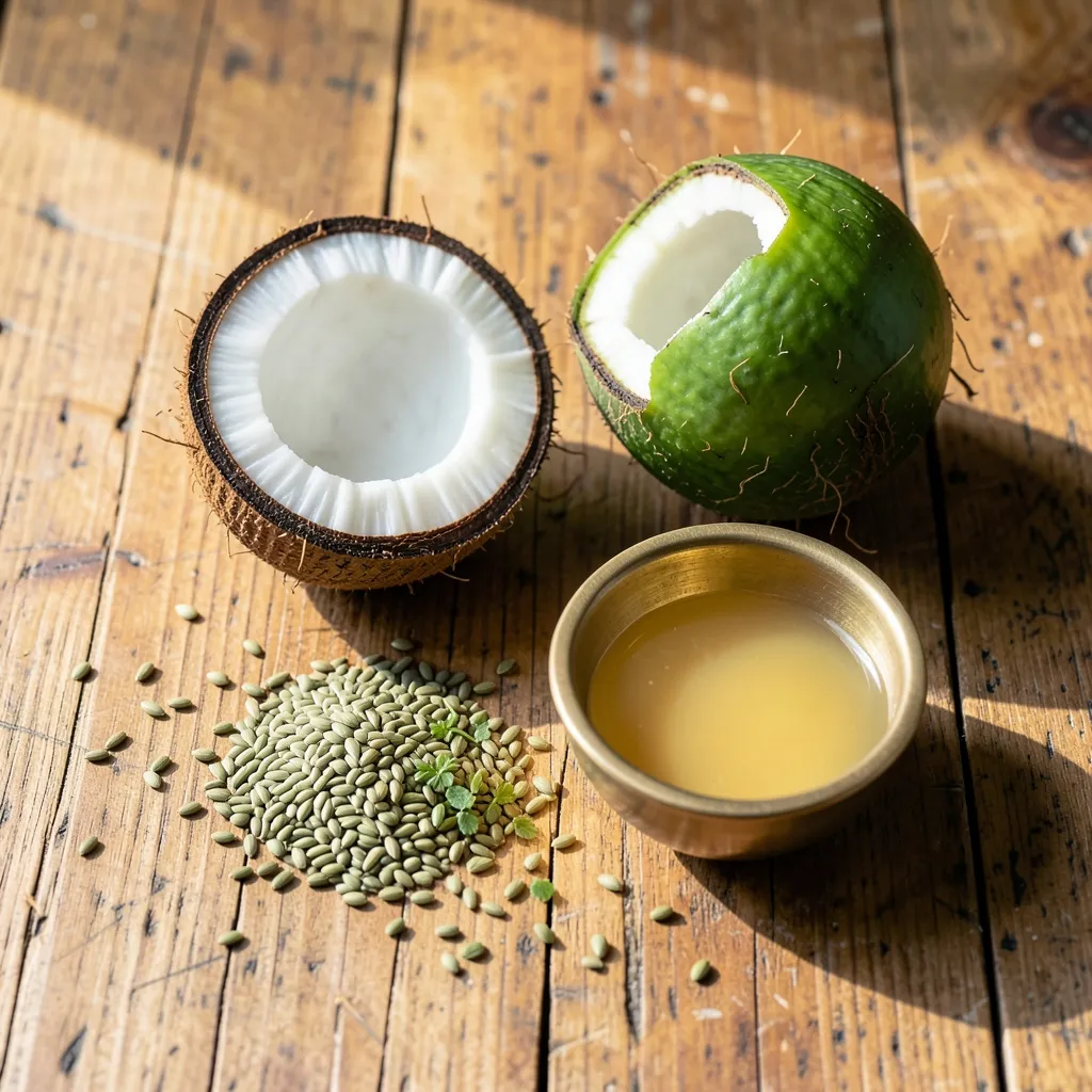 अश्लेषा नक्षत्र में स्वास्थ्य और पित्त शांत करने के आसान उपाय Minimalist healing Ayurveda flatlay with fresh fennel seeds, coriander seeds — अश्लेषा के साये में स्वास्थ्य