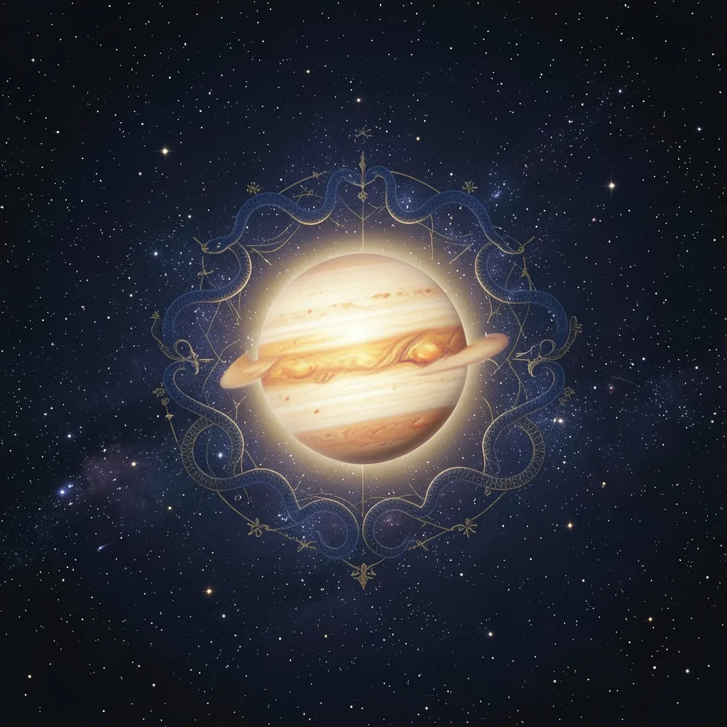 अश्लेषा नक्षत्र और बृहस्पति का प्रभाव | Ashlesha Nakshatra Transit Bright Jupiter glowing in Cancer constellation with subtle serpent patterns — अश्लेषा नक्षत्र और बृहस्पति का प्रभाव