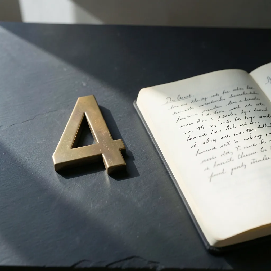 August 2026 Numerology: The Numbers to Ground Your Energy Minimalist flat lay of a dark slate desk with a single brass number four — August 2026: Aligning Your Numbers