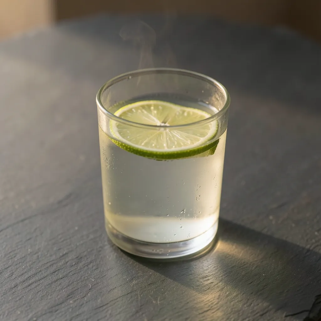 August Health Check: How to Cool Peak Pitta Fire Season Minimalist flat lay of a glass of room-temperature lime water on a slate — August Health Check: Managing the Pitta Peak