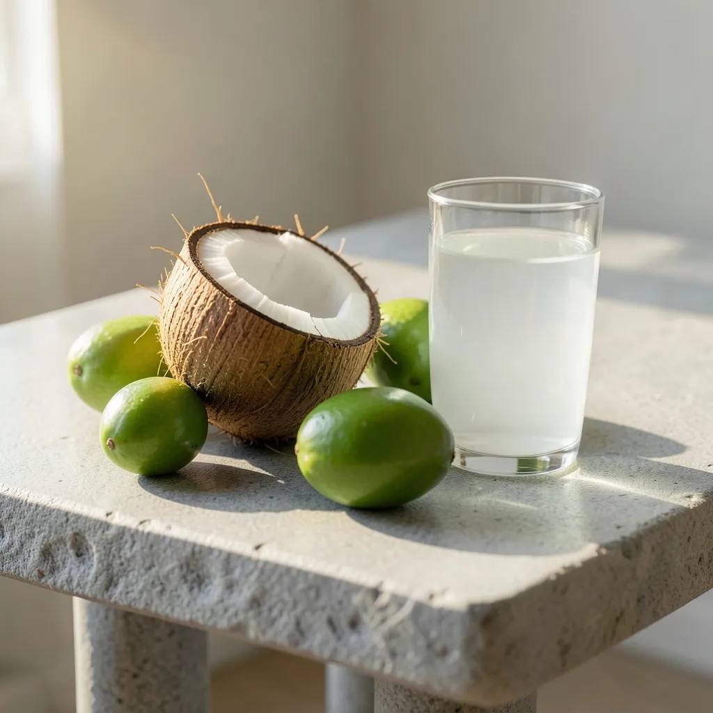 अगस्त 2026: आयुर्वेद और ग्रहों की चाल से स्वास्थ्य सुधार Fresh coconut water and green seasonal fruits on a stone table — अगस्त 2026: स्वास्थ्य और ग्रहों की चाल