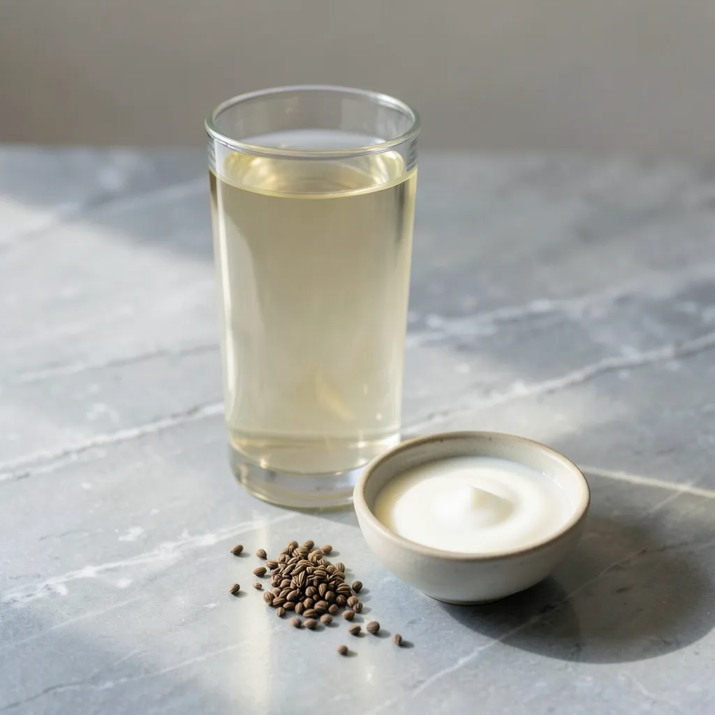 Ayurvedic Tips for July Heat and Pitta Balance Minimalist flat lay of a glass of barley water, a small bowl of coconut oil — जुलाई की उमस और आपका स्वास्थ्य