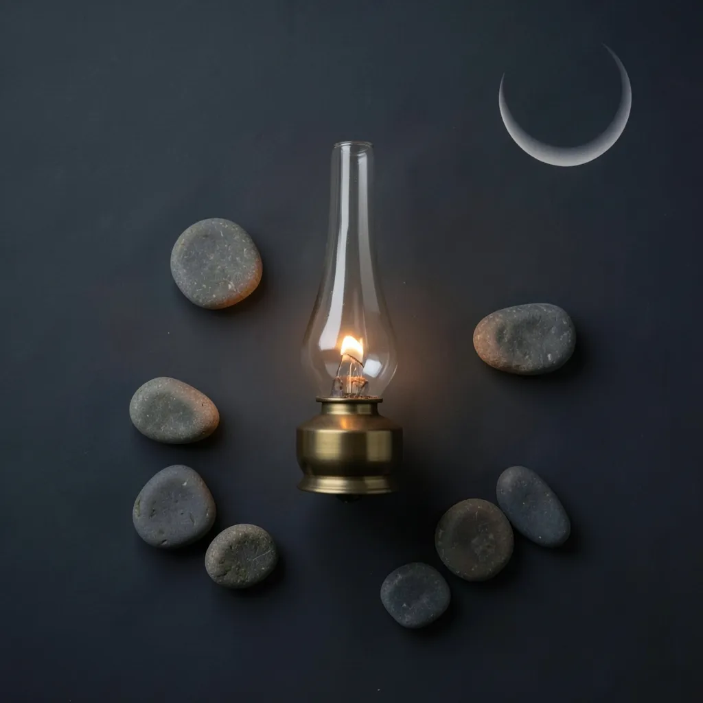 Calm a Restless Mind Under Ashlesha Nakshatra Minimalist spiritual flat lay with a lit brass oil lamp, smooth river stones — Calming the Mind Under Ashlesha