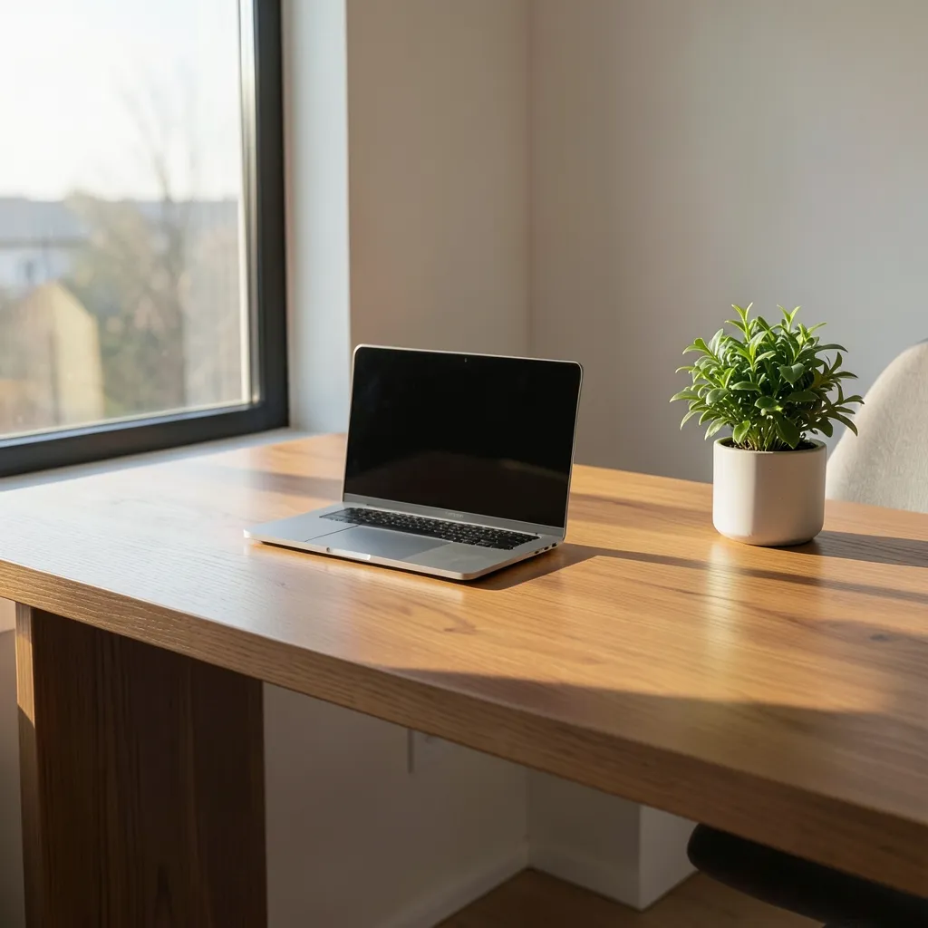 Clear Your Desk to Lead: Vastu Tips for Career Success Minimalist modern home office desk facing a sunlit window, facing north or east — Clear Your Desk to Lead