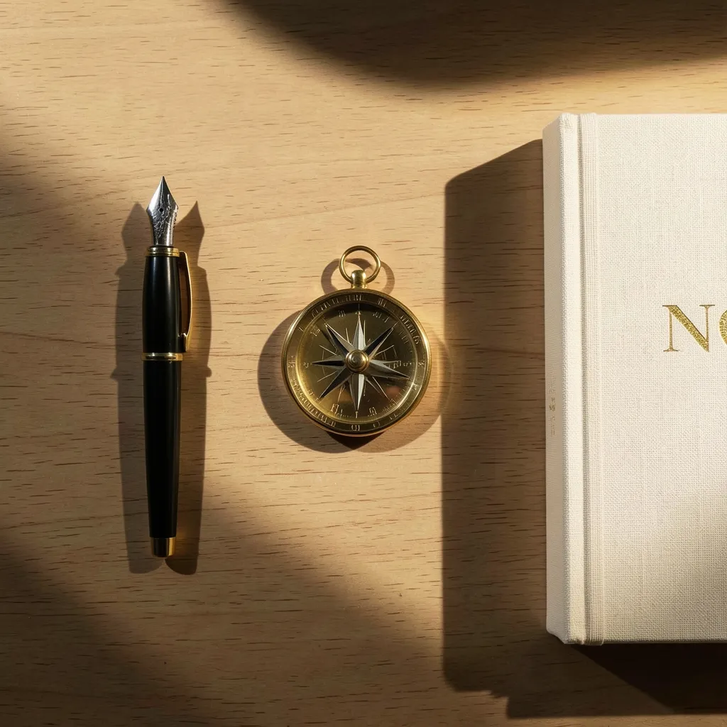 Magha and Swati Energy: Balance Authority and Flexibility Cinematic flat lay of a minimalist desk with a brass compass, pen, and notebook — Command the Day: Magha and Swati Influence
