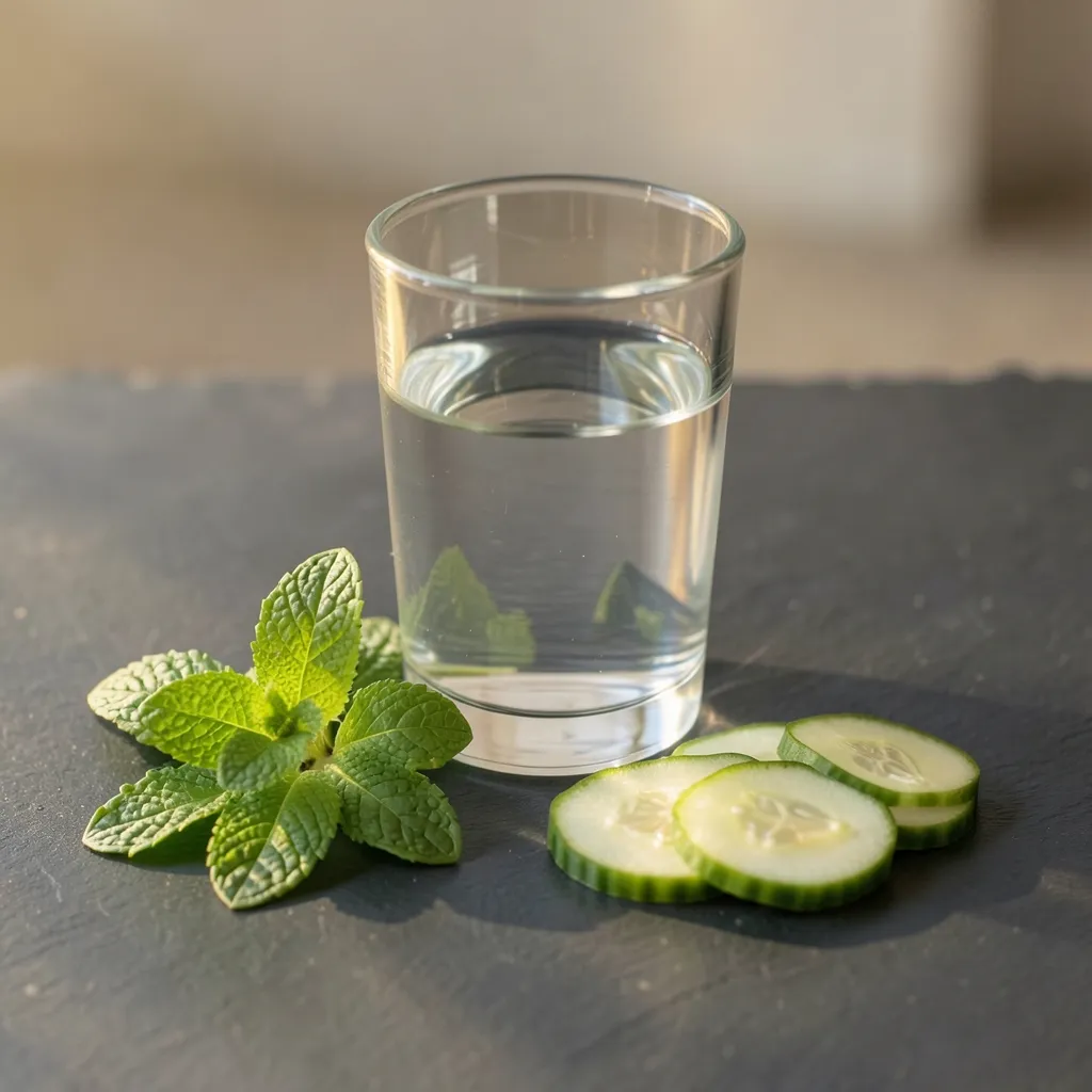 Cooling Down Pitta: Simple Ayurvedic Tips for Summer Heat Minimalist flat lay of a glass of room temperature water with fresh mint leaves and cucumber — Cooling Down the Summer Heat