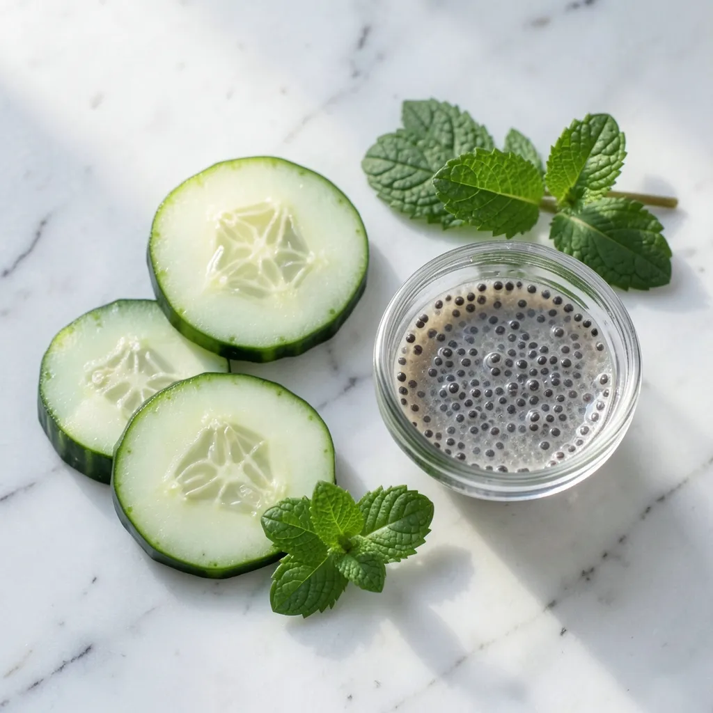 Cooling Ayurveda Tips for July Heat Serene, minimalist flat-lay of sliced cucumber, fresh mint leaves — Cooling the Heat: A Mid-July Adjustment