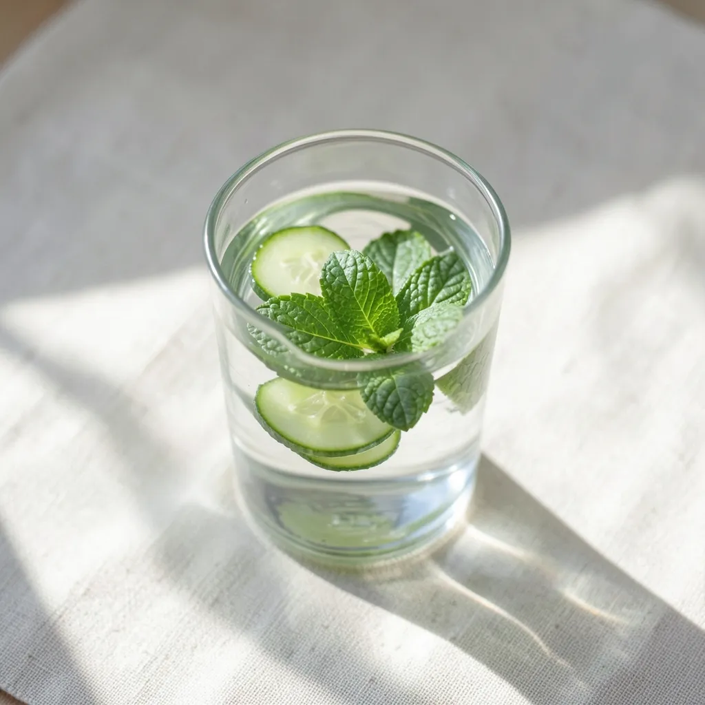 How to Cool Your Pitta During the Magha Transit Serene, minimalist flat lay of a glass of water with floating fresh mint leaves and cucumber slices — Cooling the Fire Within
