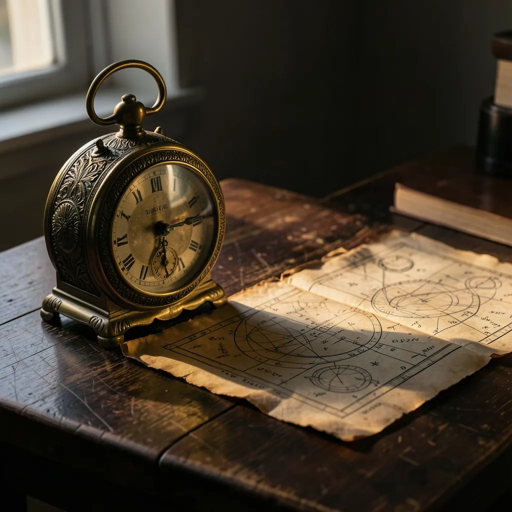 सही समय और शुभ मुहूर्त से पाएं करियर में सफलता Cinematic flat lay of a traditional Indian brass clock and ancient astrological charts on a dark wooden — सही समय, सही सफलता