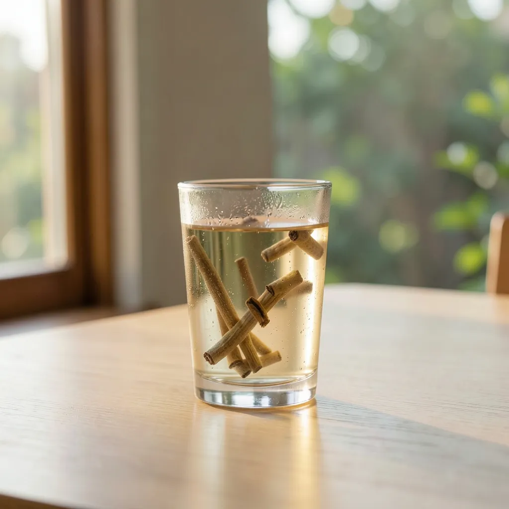 Rutina ayurvedica para mantener la calma y energía Serene minimalist tabletop with a warm glass of water infused with cardamom pods — Domina tu energía en septiembre