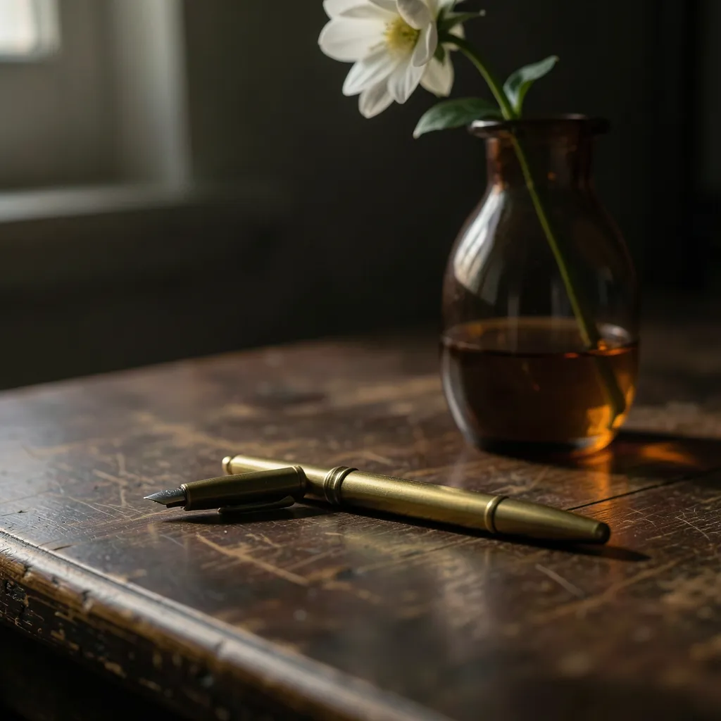 Finding Balance in Anuradha's Glow Moody cinematic close-up of a vintage brass pen resting on a dark wooden desk beside — Finding Balance in Anuradha's Glow