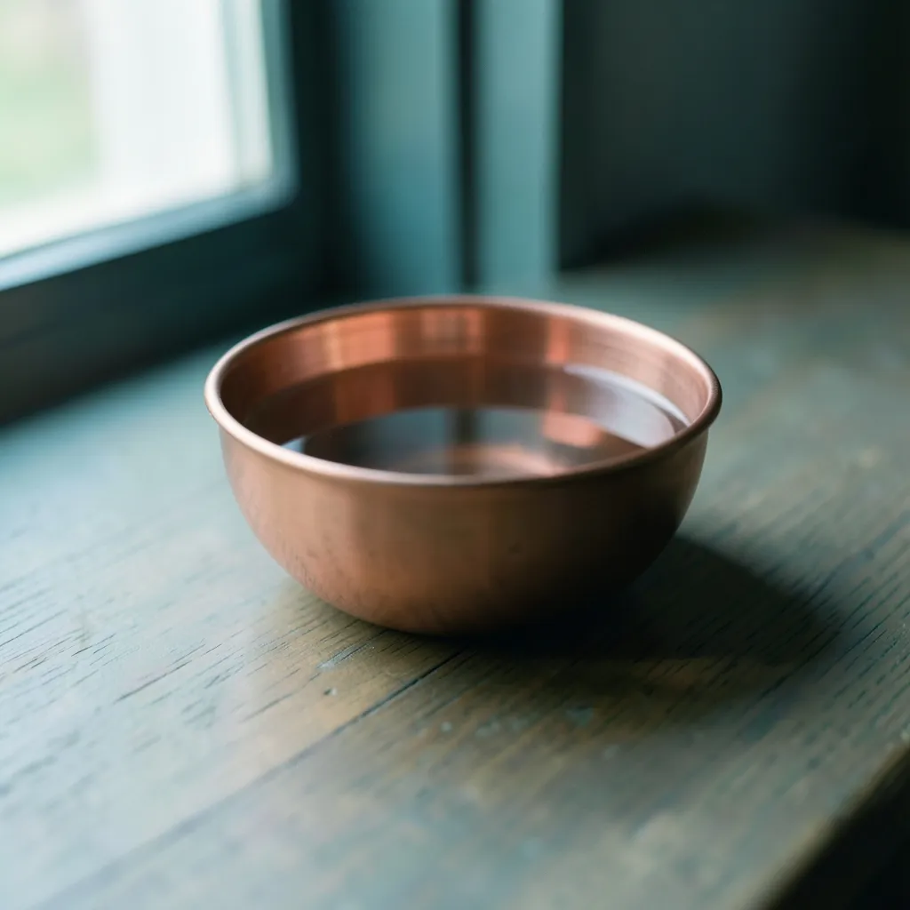 Finding Calm When Your Mind Races: Ardra Moon Remedy Small copper bowl of clear water resting on a wooden surface next to a window — Finding Calm When the Mind Races