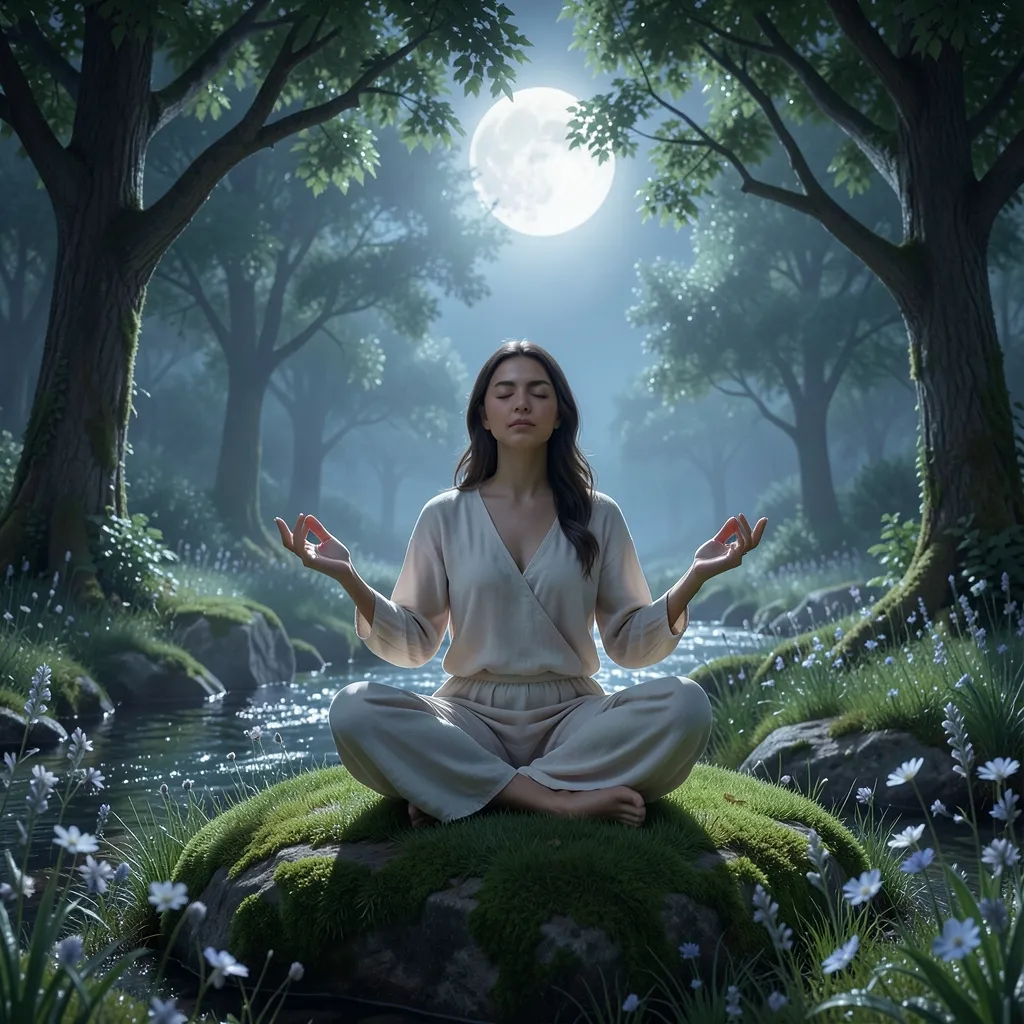Grounding Under the Cancer Moon: Nadi Shodhana for a Peaceful Start Serene, moonlit landscape with a person practicing Nadi Shodhana, surrounded by nature — Finding Calm Under the Cancer Moon