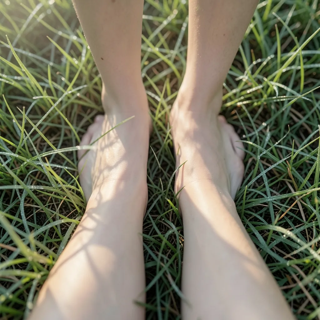 How to Ground Yourself During Mars in Taurus Bare feet standing on cool green morning grass — Finding Calm When Mars is Intense