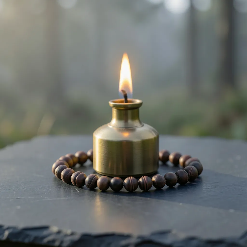 Finding Calm When Your Mind Feels Restless and Unstable Minimalist spiritual flat lay with a lit brass oil lamp — Finding Calm Under Current Skies