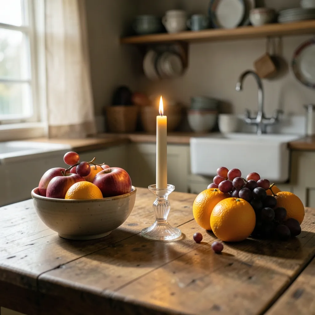 Finding Calm Under the Cancer Sun Cozy aesthetic shot of a kitchen table with a soft light, a lit candle — Finding Calm Under the Cancer Sun