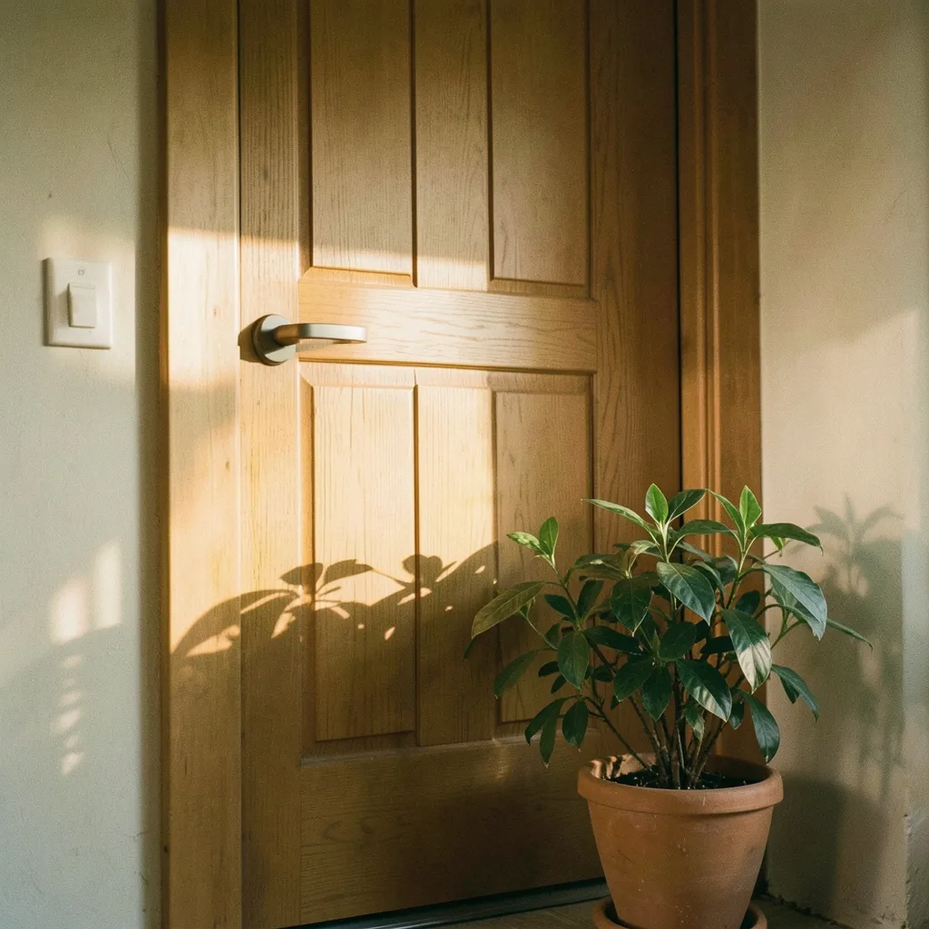 Finding Calm When the Mind Races: Moon in Cancer Remedy Soft morning sunlight falling on a clean wooden doorway and a simple clay pot — Finding Calm When the Mind Races
