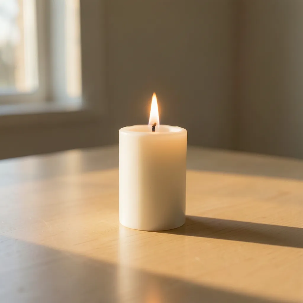 Finding Balance with the Moon in Leo Cinematic shot of a glowing candle next to a window with soft golden hour — Finding your center as the Moon moves into Leo