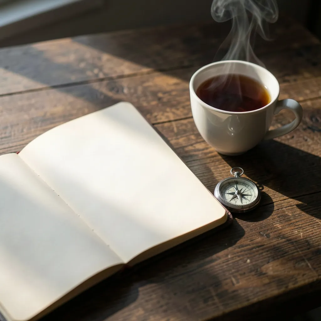 Finding Ground in Shravana Nakshatra: Why Listening Beats Talking Open notebook, a steaming cup of tea, and a small silver compass on a dark wooden table — Finding Ground in Shravana