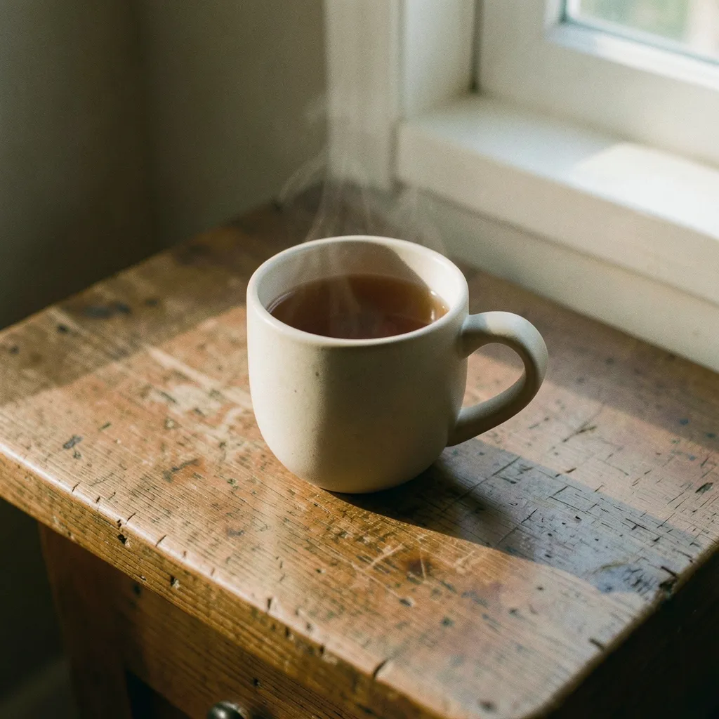 Finding Grounding as the Moon Shifts from Taurus to Gemini Ceramic mug of warm tea on a wooden nightstand, soft evening sunlight through a window — Finding Grounding as the Moon Shifts