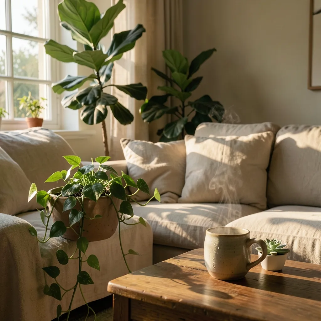 Finding your grounding this July: Cancer & Sagittarius transits Sunlit, cozy living room filled with lush green houseplants — Finding your grounding this July