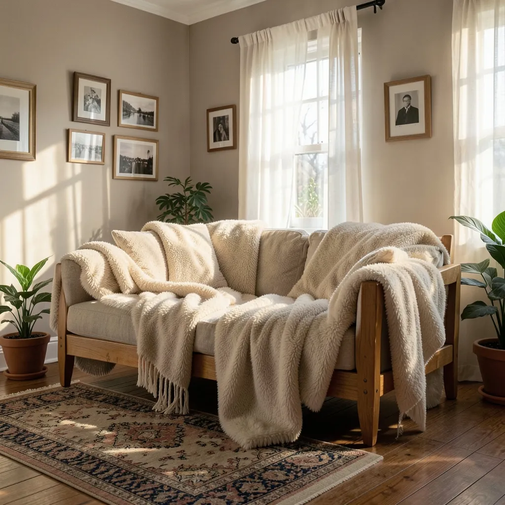Finding Nourishment in Pushya Nakshatra Sunlit living room with soft woolen blankets on a wooden sofa — Finding Nourishment in Pushya