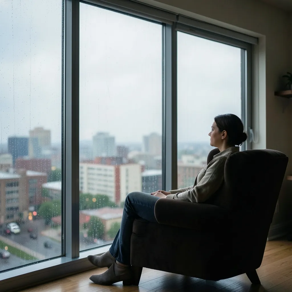 Finding Stillness Amidst the Cancer Cluster Transits Lone person sitting quietly by a large window on a moody, rainy afternoon — Finding Stillness Amidst the Cancer Cluster
