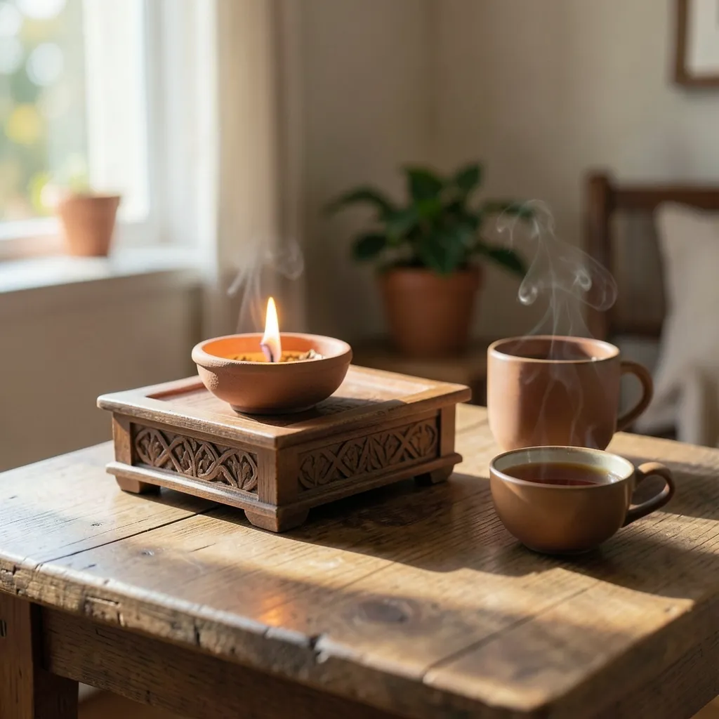 Finding Stillness During Shravana: Astrology & Wellness Tips Serene, sunlit corner of a cozy home with a small wooden altar, a single lit diya lamp — Finding Stillness During Shravana