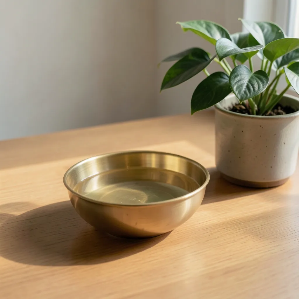 How to clear mental clutter with a Virgo Moon Aesthetic shot of a small brass bowl filled with clear water sitting on a clean — Finding Stillness When Your Mind Is Racing