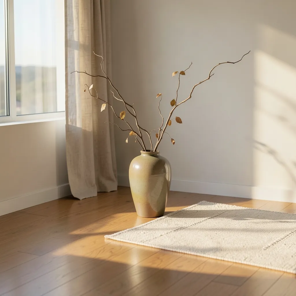 Finding your grounding under today's heavy transits Tranquil minimalist room with warm afternoon sunlight falling across a wooden floor — Finding your grounding today