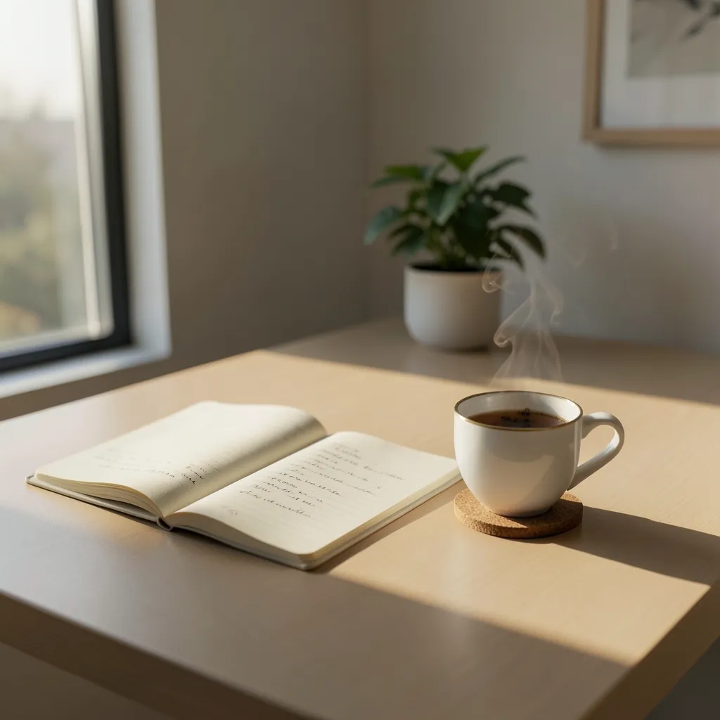 Finding your rhythm when life slows down Desk with an open journal, a steaming cup of tea — Finding your rhythm when things slow down