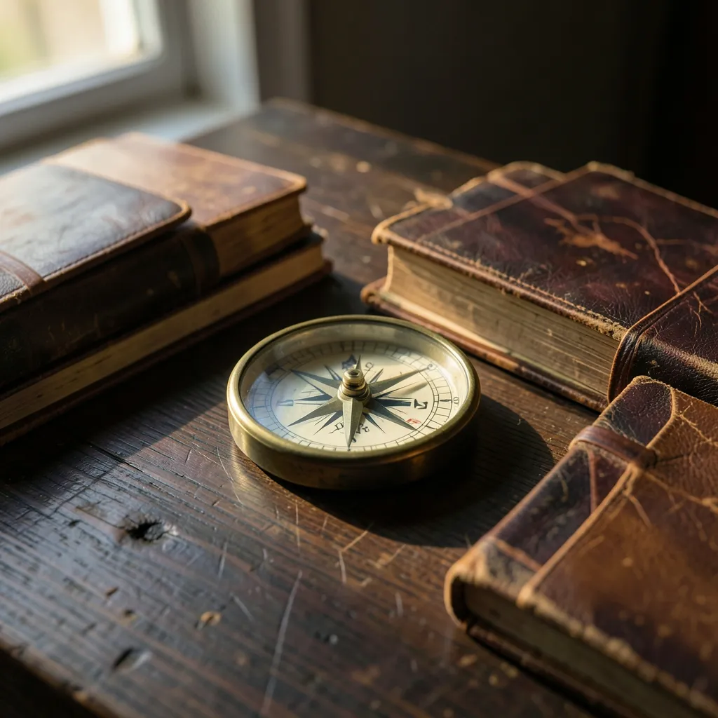 Finding Stability: The Power of Pushya Nakshatra Cinematic flat lay of old brass compass and vintage journals on a dark wooden table — Focusing on Pushya: Stability in Cancer