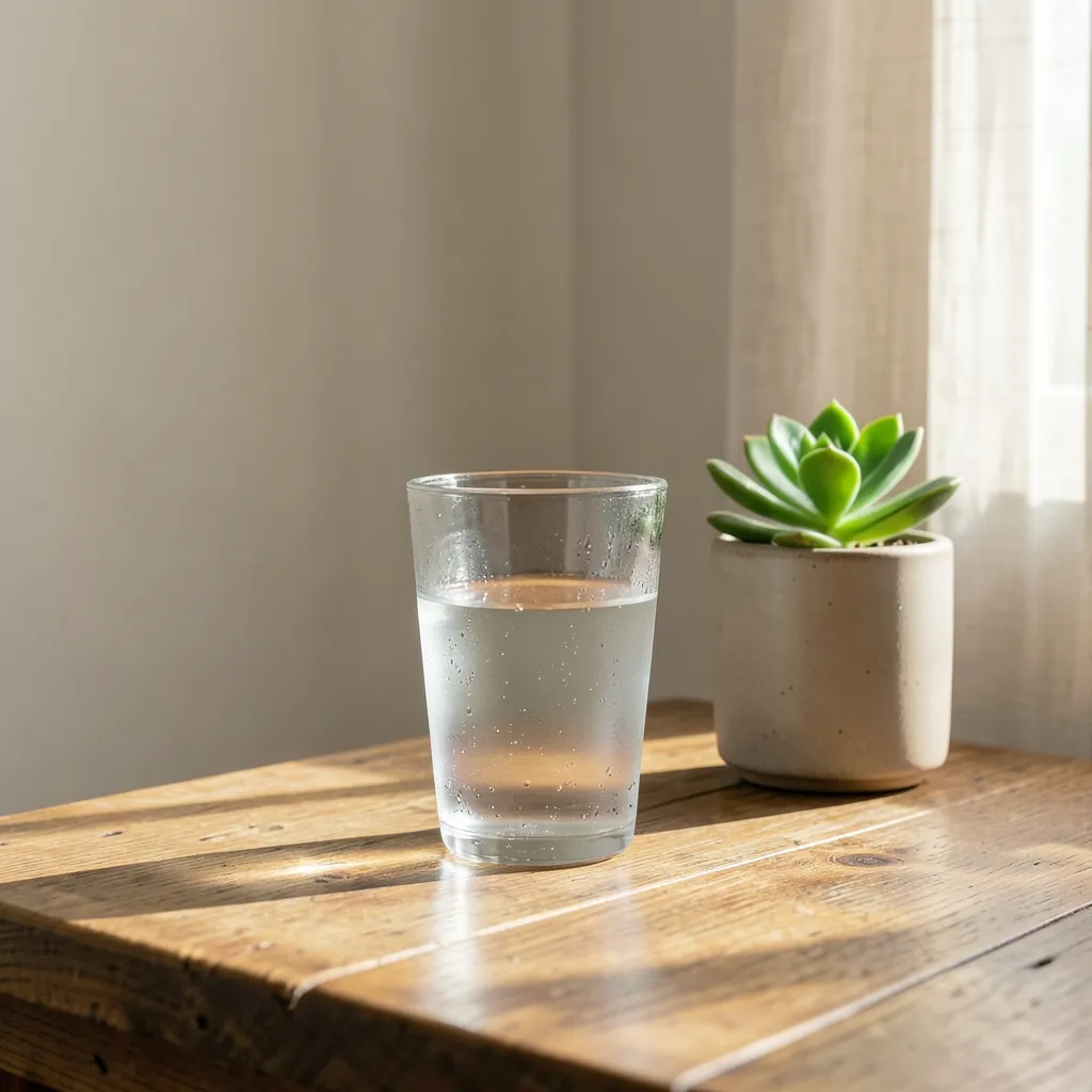 Ganesh Chaturthi Prep: Clear This One Corner First Sunlit corner of a cozy room with a clean glass of water on a wooden table, minimalist decor — Ganesha Chaturthi is knocking!