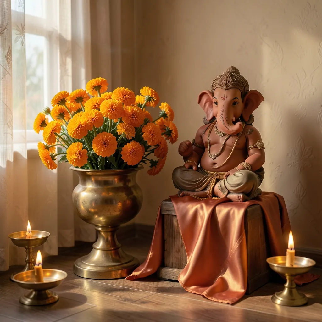 Getting Ready for Ganesh Chaturthi: Family Rituals and Timing Warm cozy interior with marigold flowers, clay idol of Ganesha, glowing brass diya lamps — Getting ready for Ganesh Chaturthi