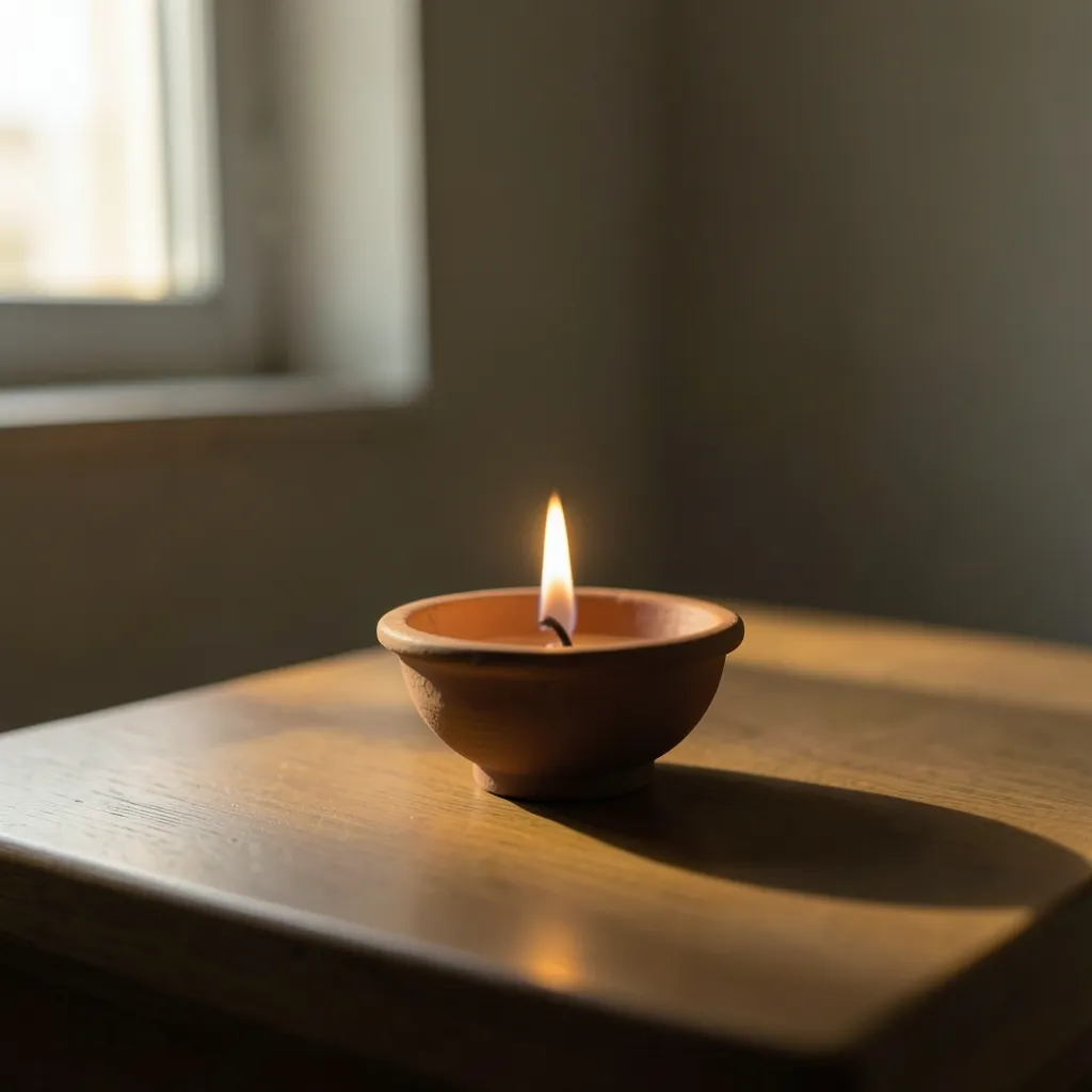 Preparing for Sawan: Vedic Astrology Insights Serene, minimalist scene of a small clay diya lamp lit in a quiet, dimly lit room — Getting ready for Sawan