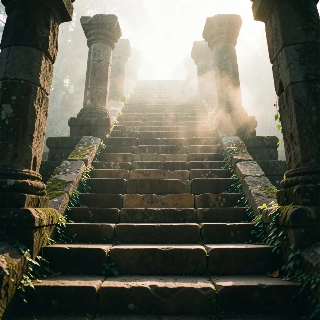 Breaking Free From Ancestral Karma and Ketu in Magha Ancient stone temple staircase fading into morning mist, deep shadows — Why do we keep running from the ghosts of Magha?