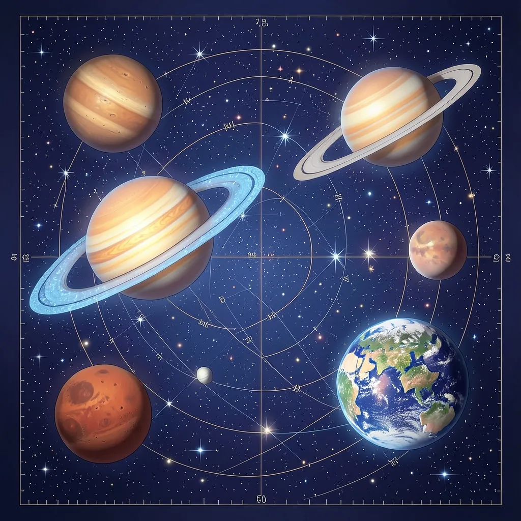 Celestial Map and Planetary Retrograde Influence Colorful illustration of a celestial map — ग्रहों की चाल और उलझन: घबराएं नहीं