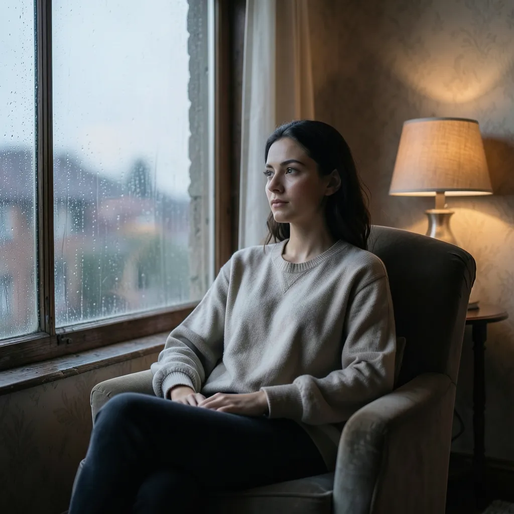 जब मन में ठहराव और उलझन महसूस हो | Saturn in Pisces Person sitting by a rain-streaked window — ग्रहों की चाल और हमारे मन की उथल-पुथल