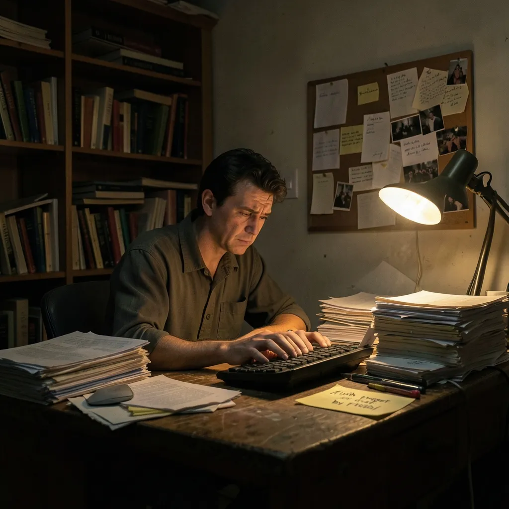 Handling Mars in Taurus Dimly lit, cluttered workspace with a person in a focused, determined pose — Handling Mars in Taurus