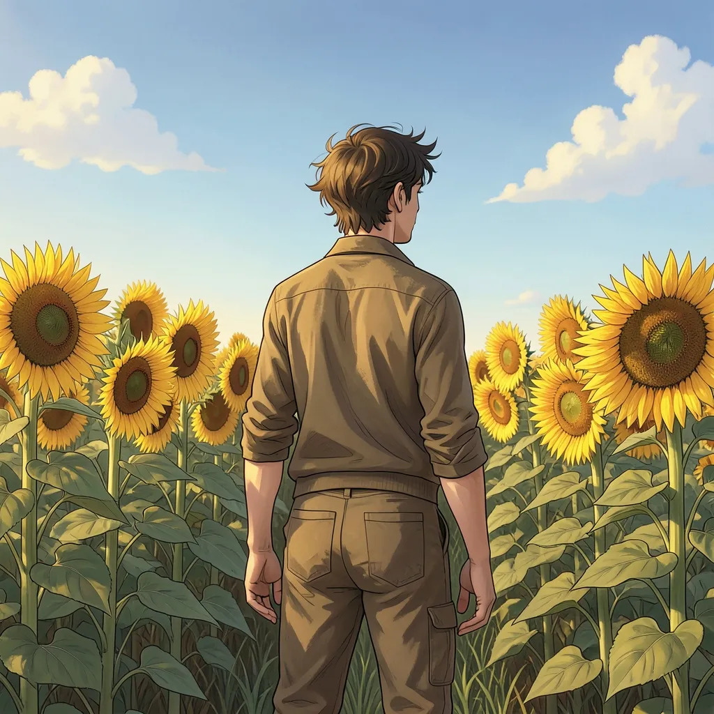 Handling Mars in Taurus 1:1 square illustration of a person in a field of sunflowers, with a gentle breeze blowing — Handling Mars in Taurus