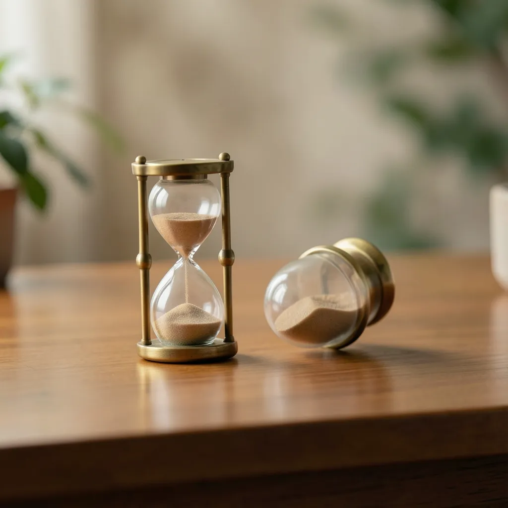 How to handle the current retrograde energy Serene, minimalist scene of a desk with a vintage hourglass turned on its side — Handling the Retrograde Flow