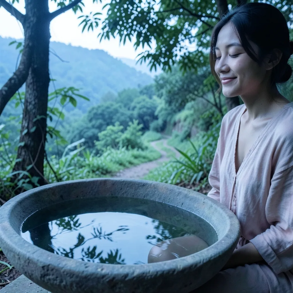 जुलाई की गर्मी और आपका मन Serene, peaceful atmosphere with a cool breeze, a bowl of matake water — जुलाई की गर्मी और आपका मन