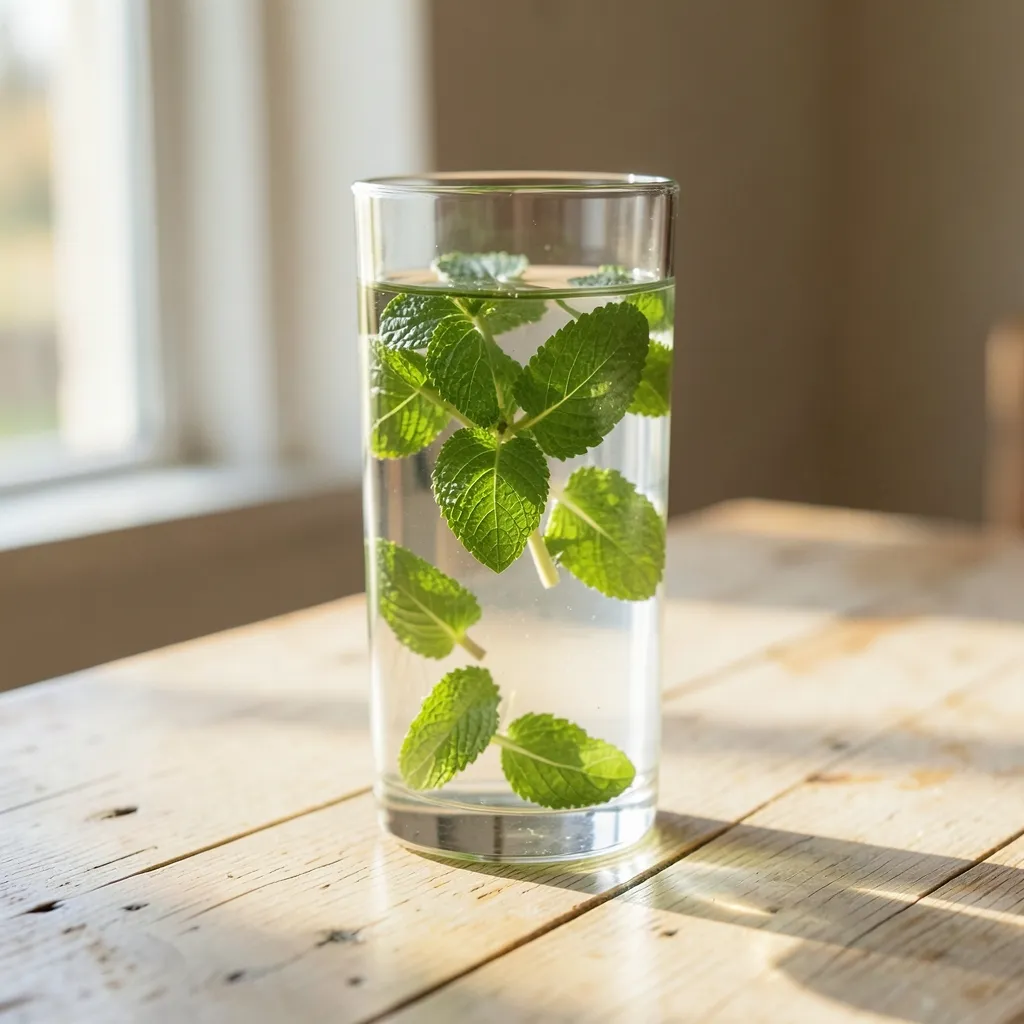 जुलाई की उमस और मन की शांति के लिए आयुर्वेदिक उपाय Serene, minimalist scene of a glass of refreshing mint-infused water on a wooden table — जुलाई की उमस और मन की शांति