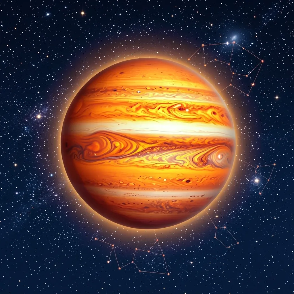 A Rare Jupiter Moment in July Fiery, bright orange illustration of Jupiter in Cancer, with a clear — A Rare Jupiter Moment in July