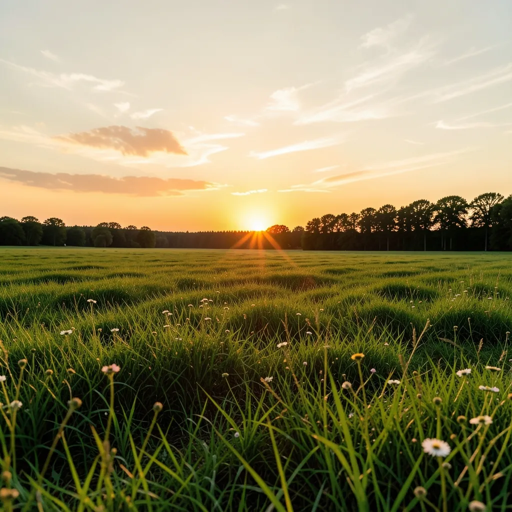 A Rare Jupiter-Pushya Synergy Serene, golden sunset over a lush, green field, symbolizing growth, nurturing, and stability — A Rare Jupiter-Pushya Synergy