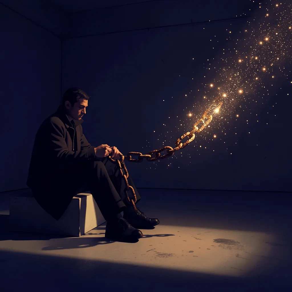 Is Karmic Debt Just A Convenient Excuse? High-contrast illustration of a person sitting in a dimly lit room, holding a heavy — Why do we still cling to the shadow?