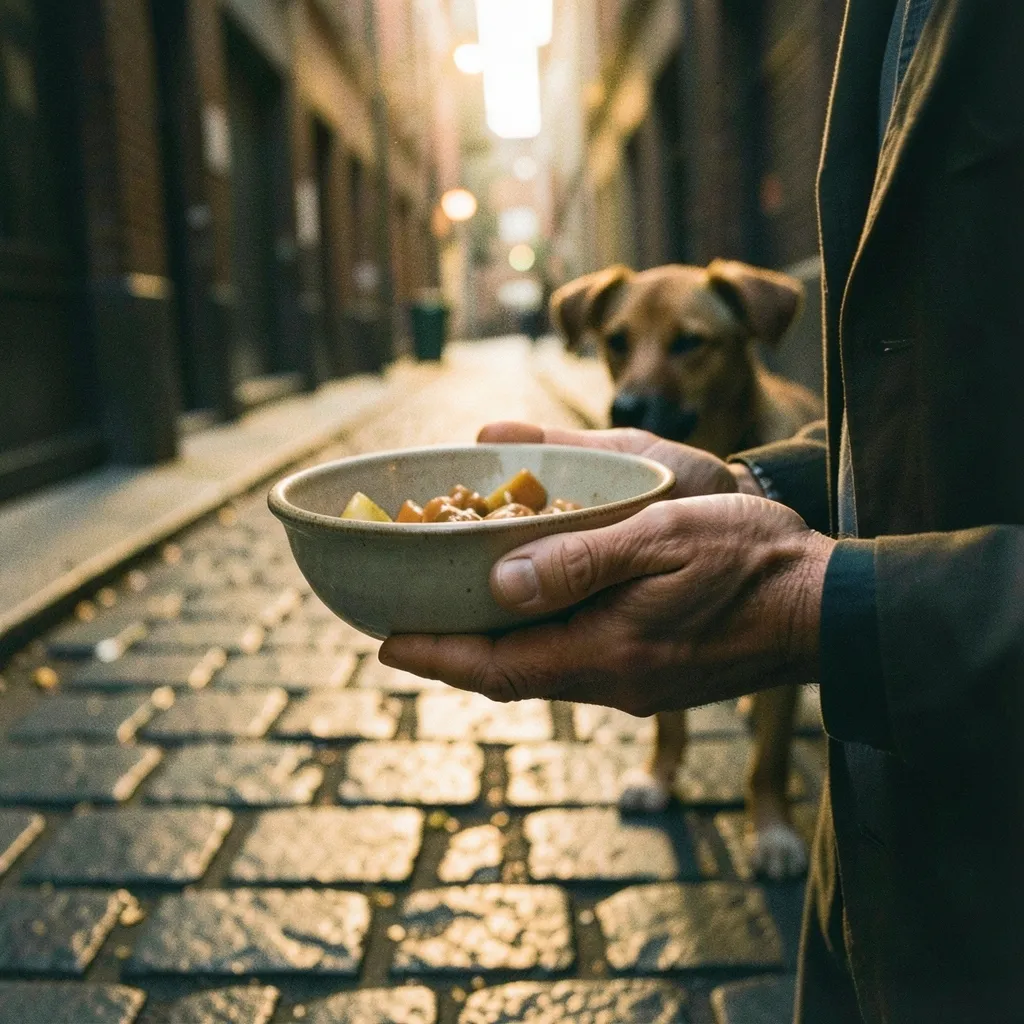 How to Handle Ketu in Leo Transit Moody shot of a person's hands holding a simple bowl of food for a stray dog in a dimly lit — When Ketu Shadows Your Heart